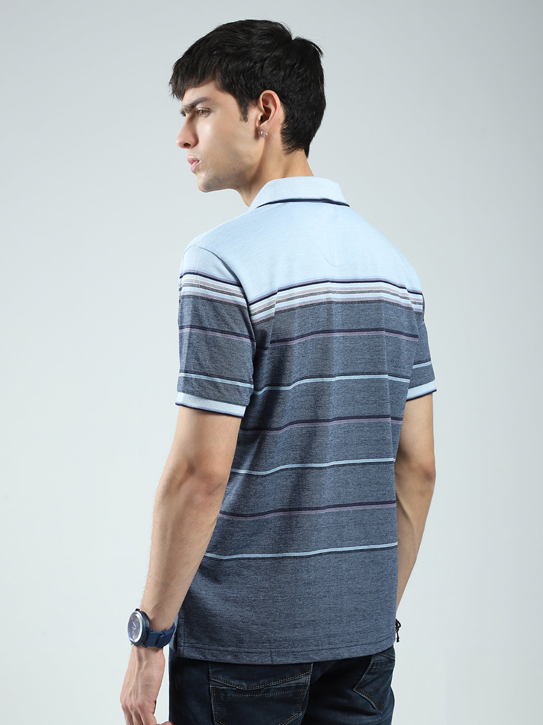 Men Blue Stripe Collar Half Sleeve T-Shirt