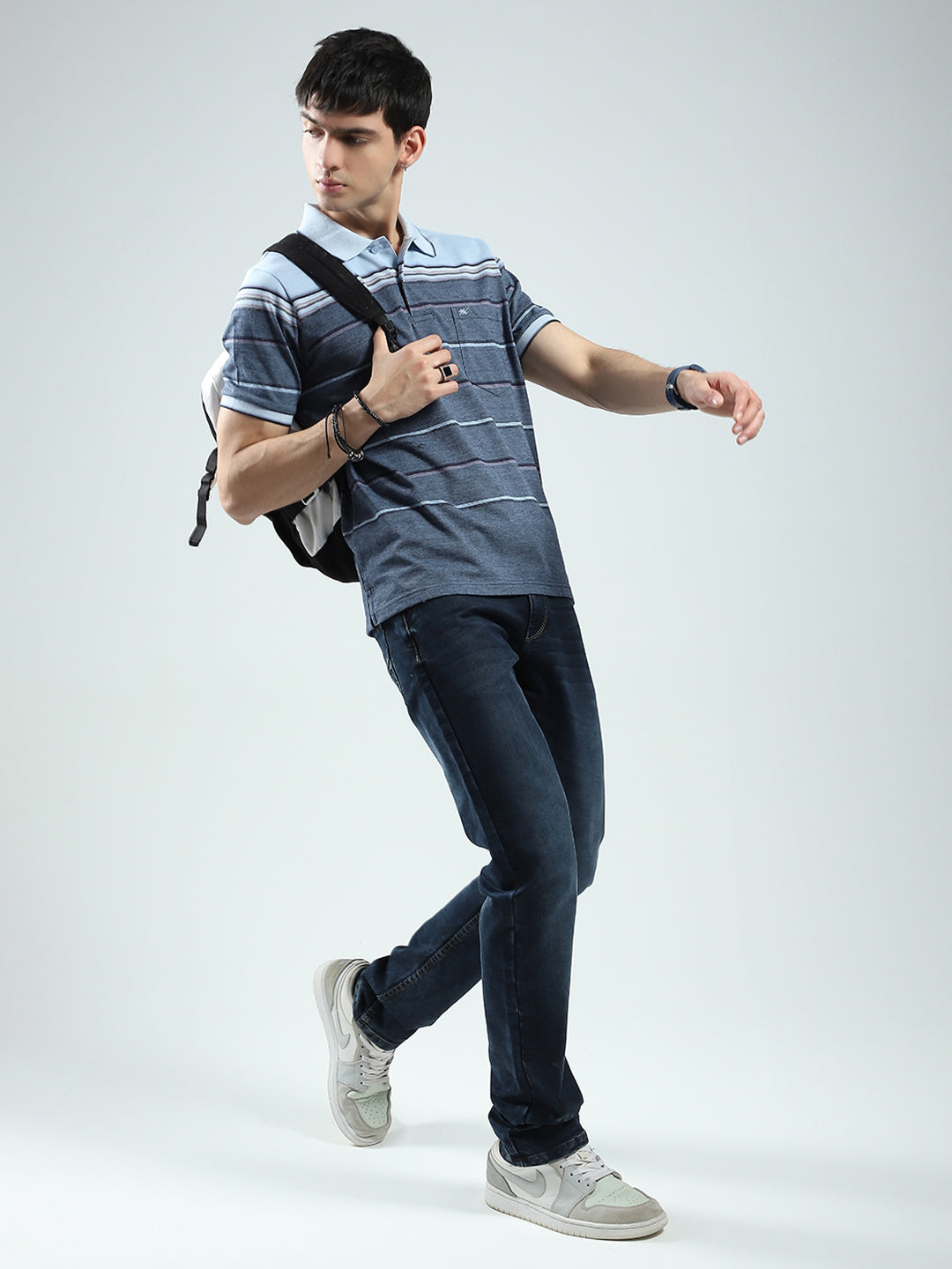 Men Blue Stripe Collar Half Sleeve T-Shirt