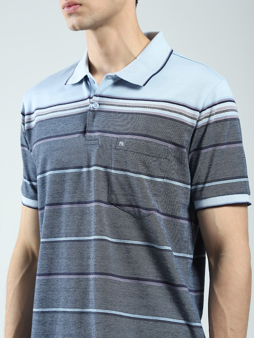Men Blue Stripe Collar Half Sleeve T-Shirt