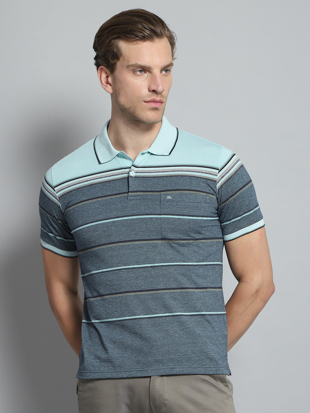Men Green Stripe Collar Half Sleeve T-Shirt