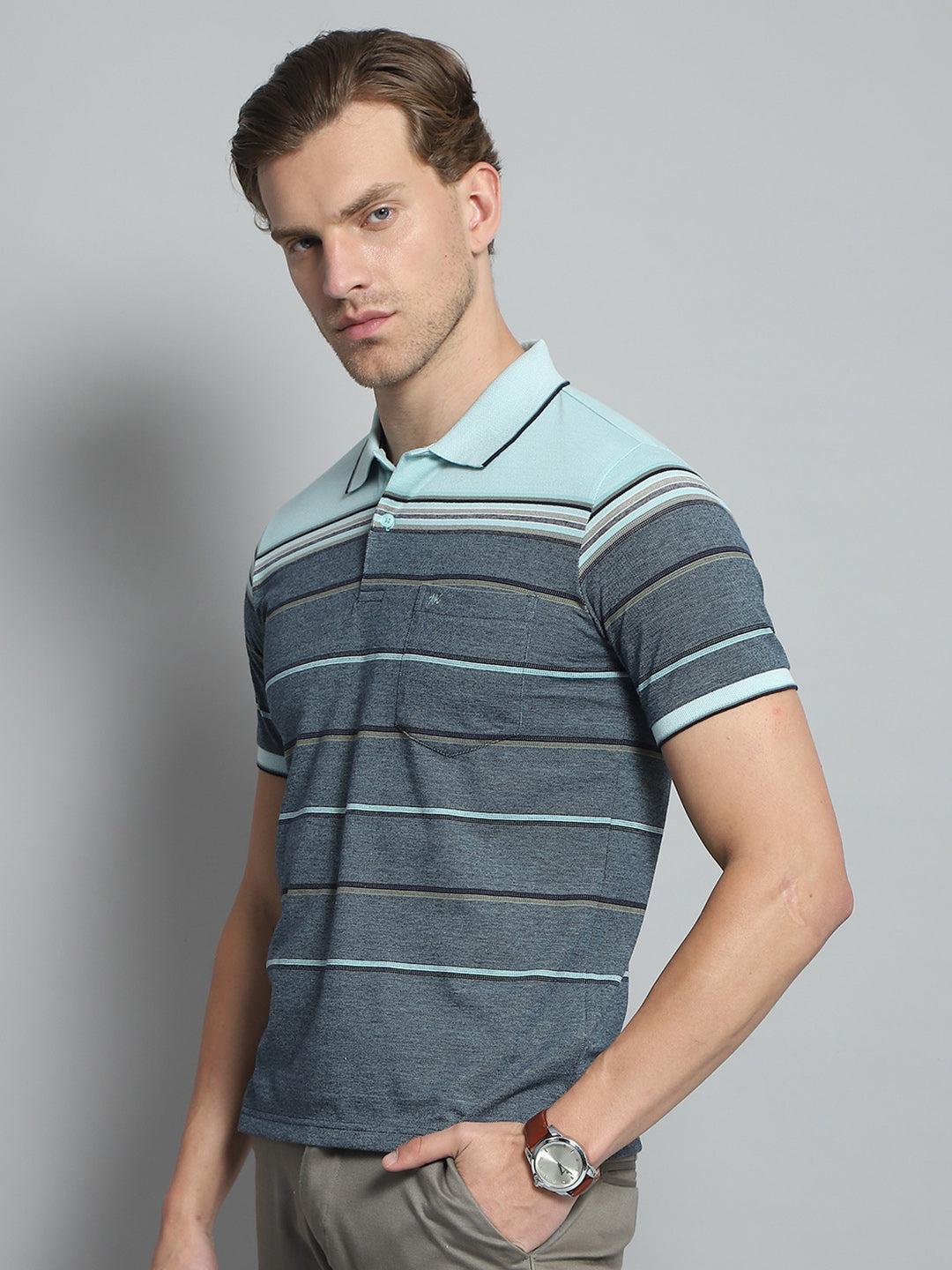Men Green Stripe Collar Half Sleeve T-Shirt