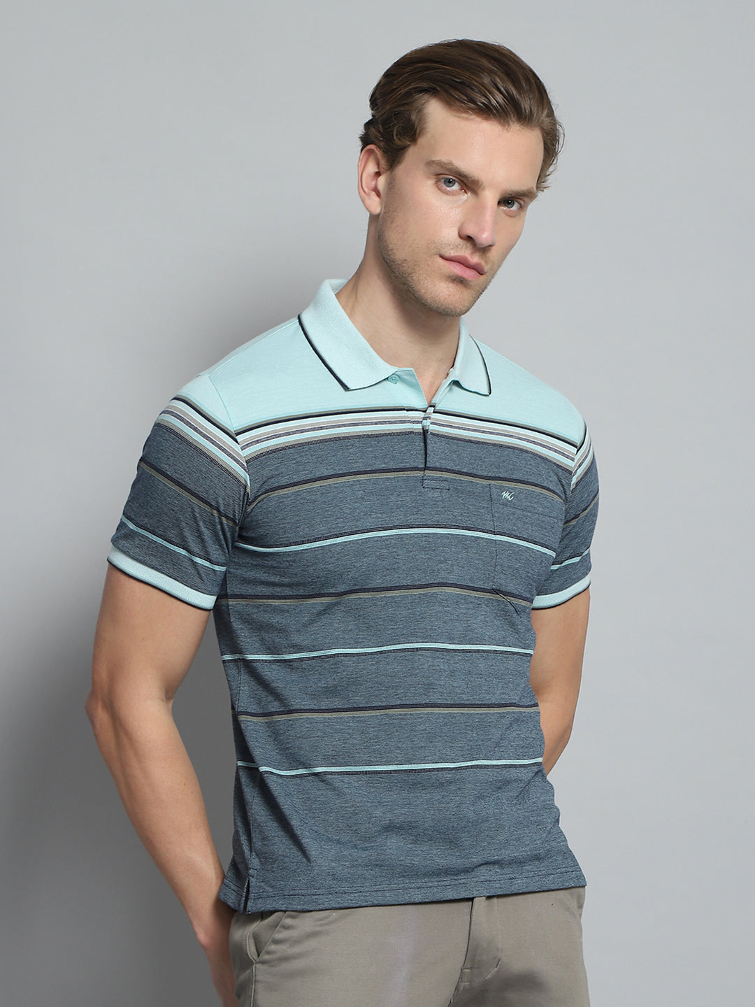 Men Green Stripe Collar Half Sleeve T-Shirt