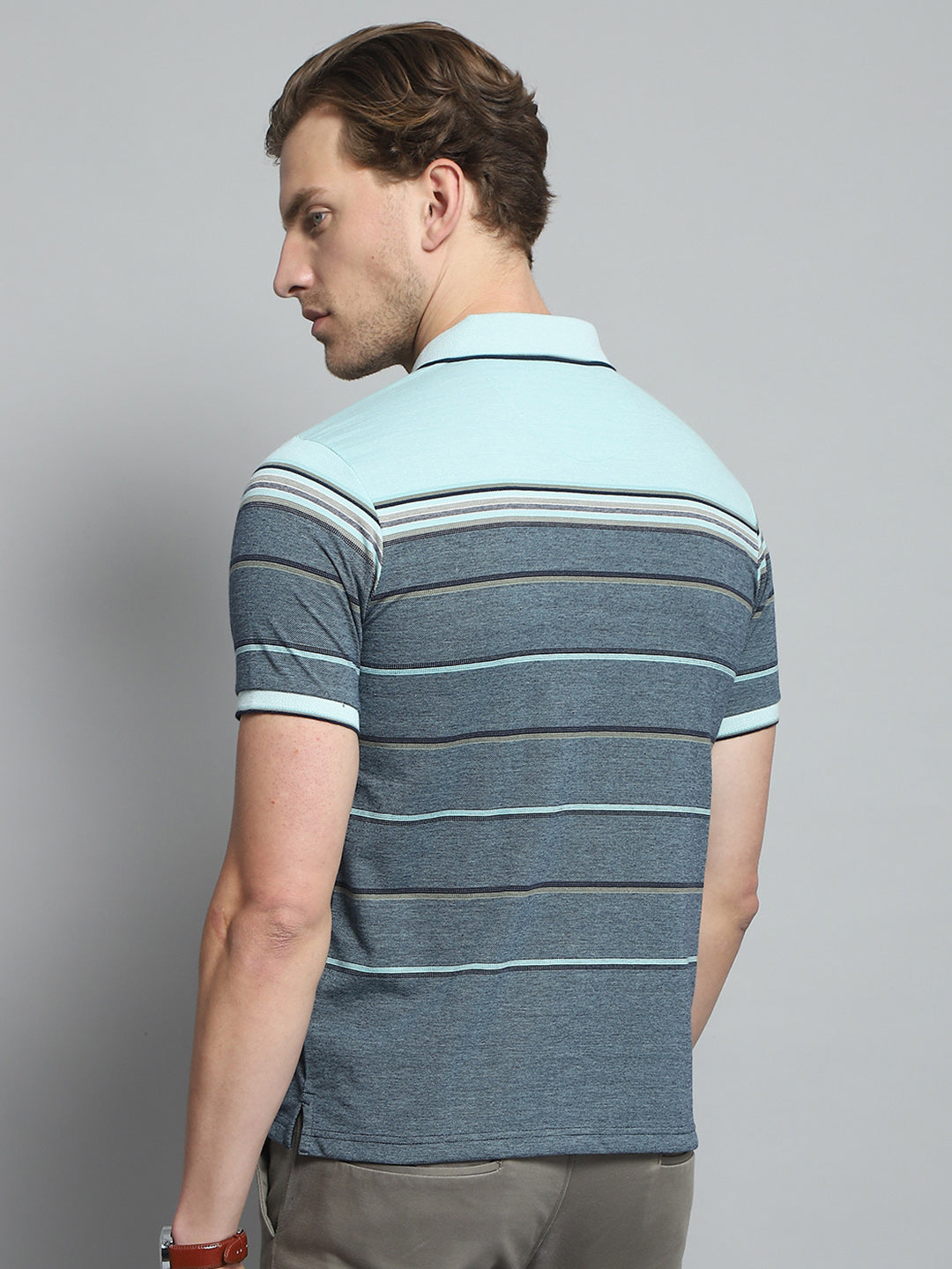 Men Green Stripe Collar Half Sleeve T-Shirt