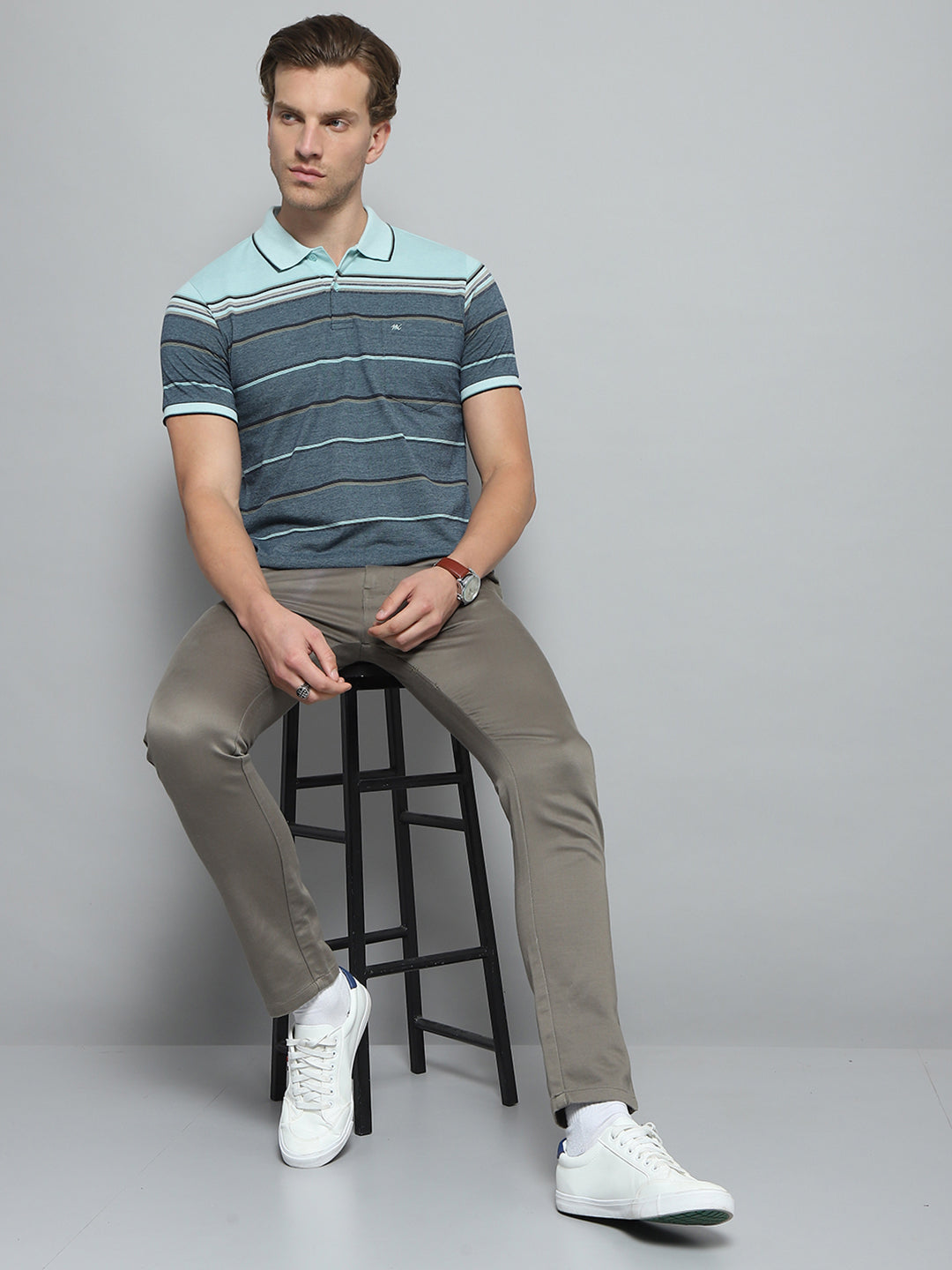 Men Green Stripe Collar Half Sleeve T-Shirt