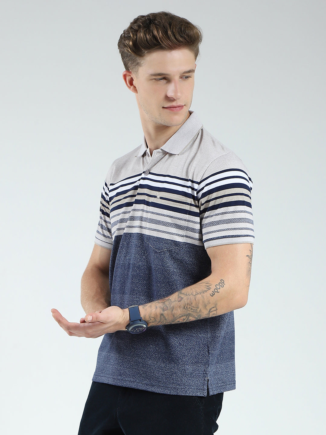 Men Blue Stripe Collar Half Sleeve T-Shirt