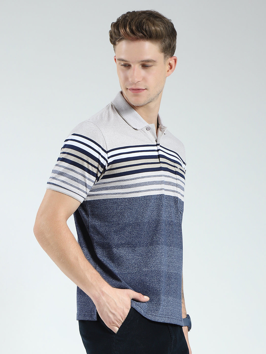 Men Blue Stripe Collar Half Sleeve T-Shirt