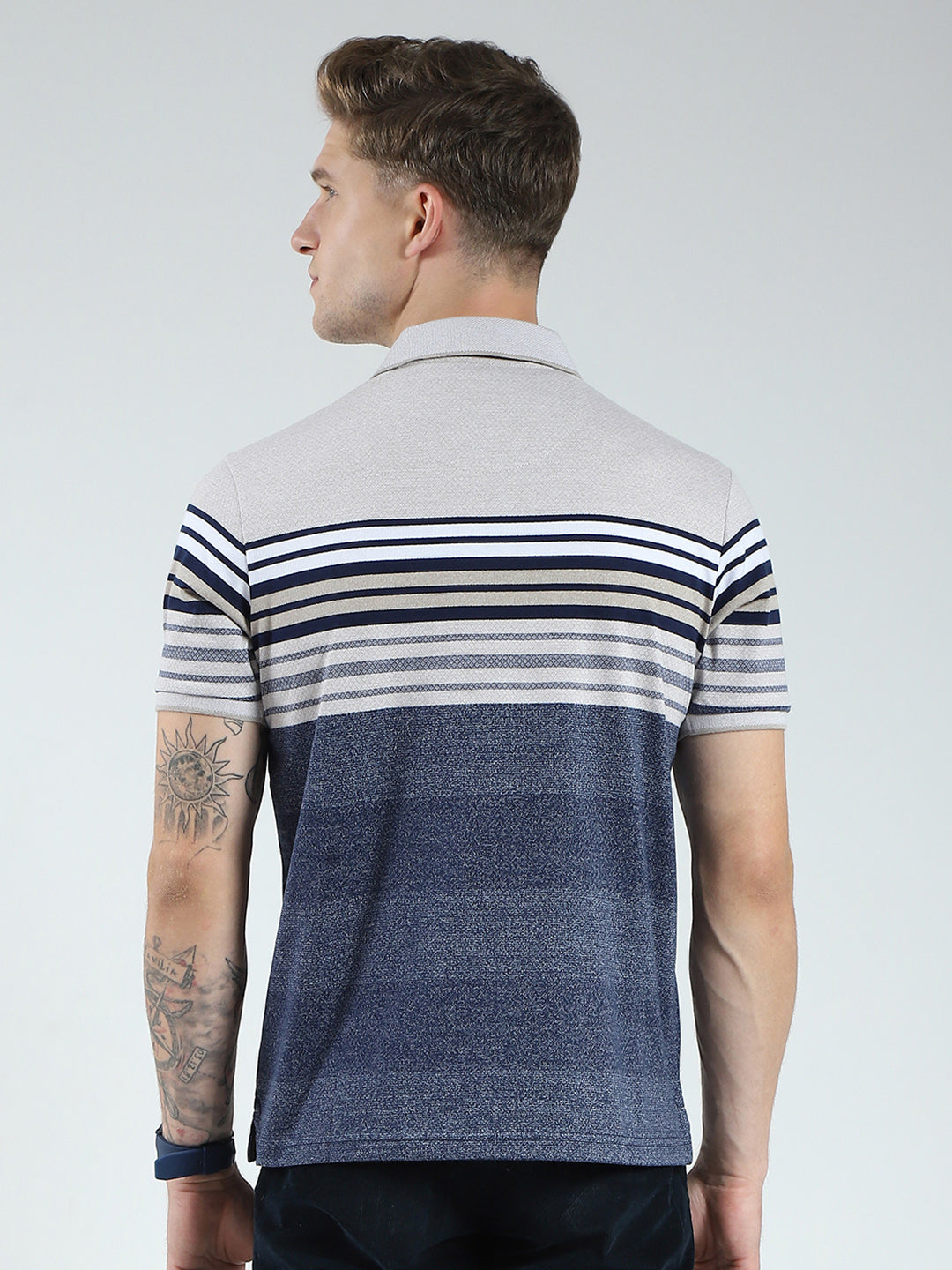 Men Blue Stripe Collar Half Sleeve T-Shirt