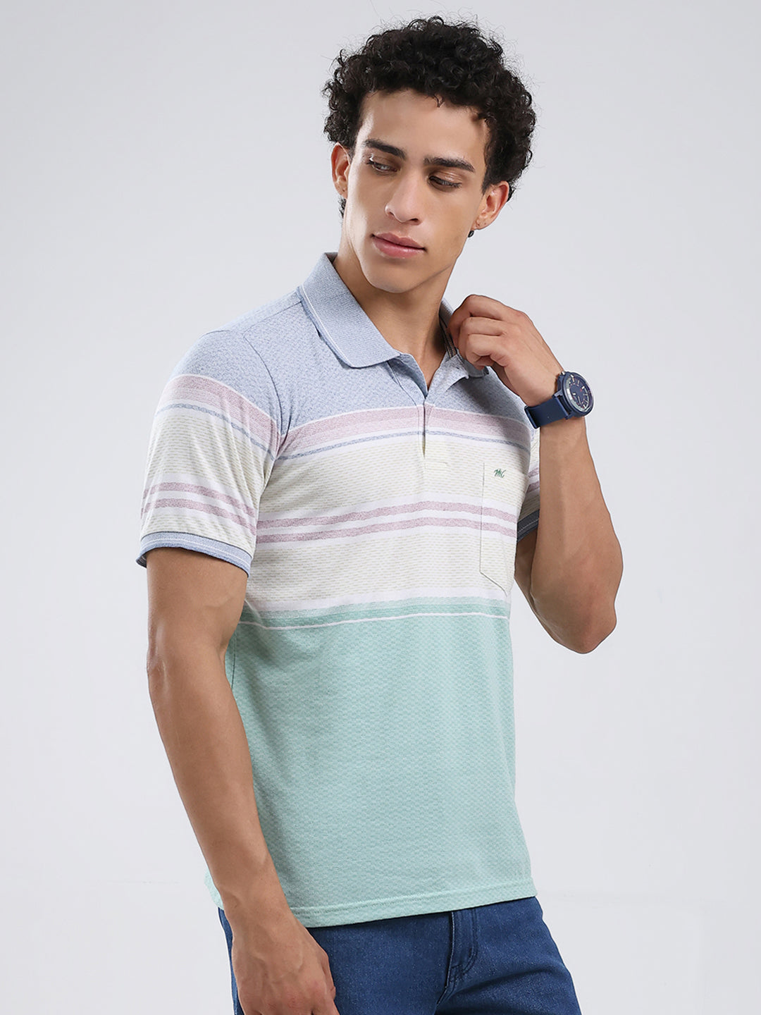 Men Green Stripe Collar Half Sleeve T-Shirt