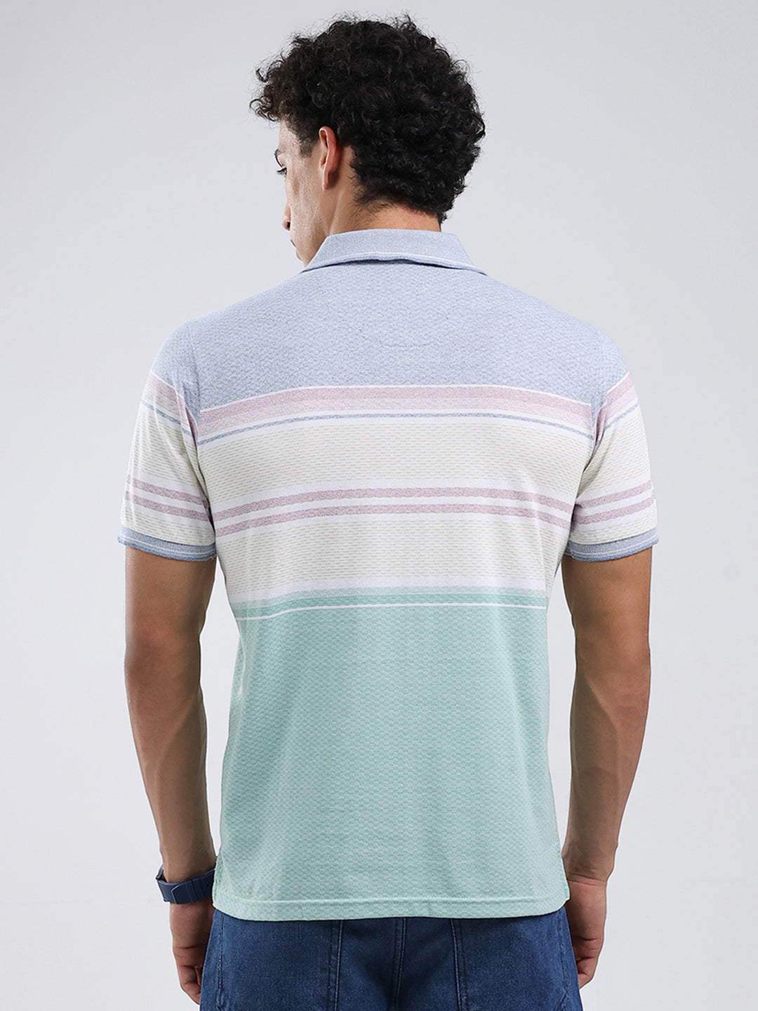 Men Green Stripe Collar Half Sleeve T-Shirt