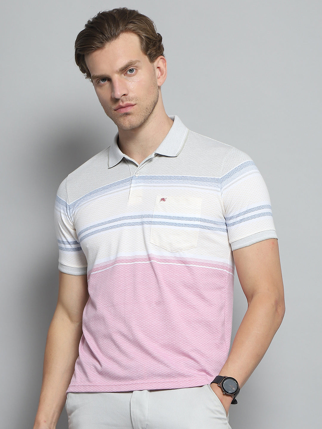 Men Pink Stripe Collar Half Sleeve T-Shirt