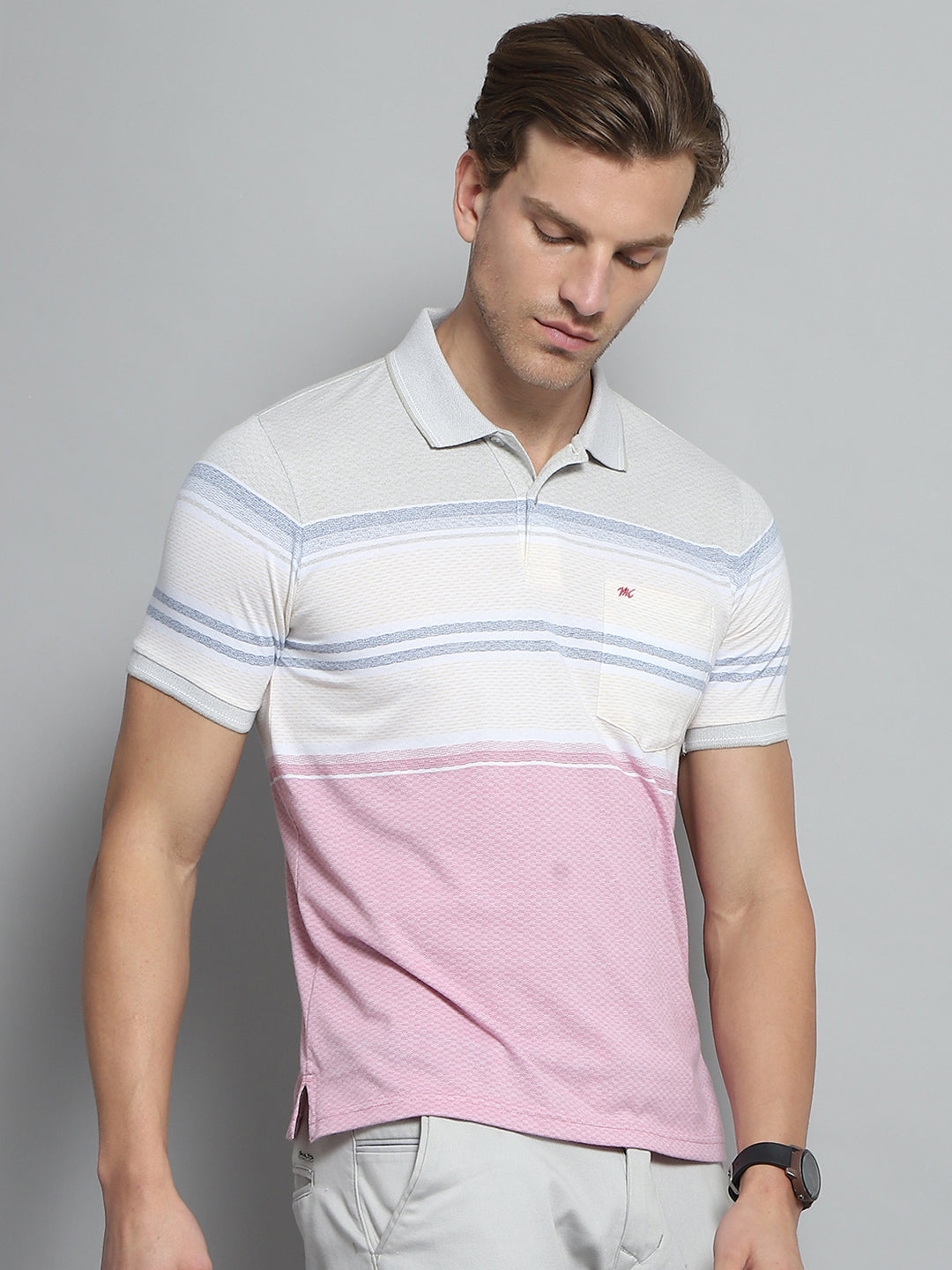 Men Pink Stripe Collar Half Sleeve T-Shirt
