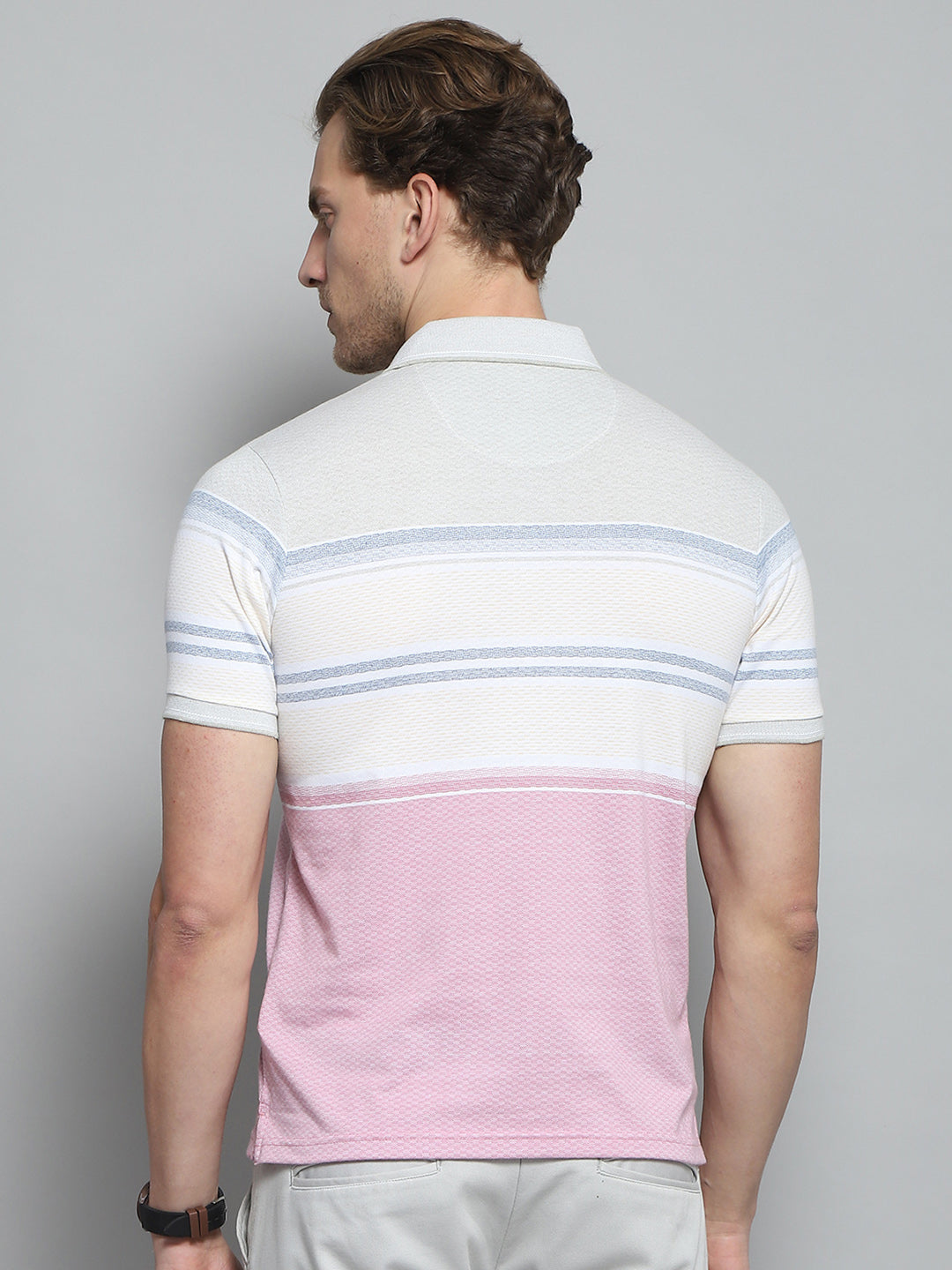 Men Pink Stripe Collar Half Sleeve T-Shirt