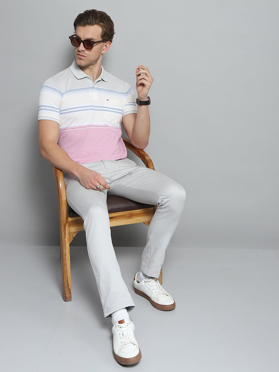 Men Pink Stripe Collar Half Sleeve T-Shirt