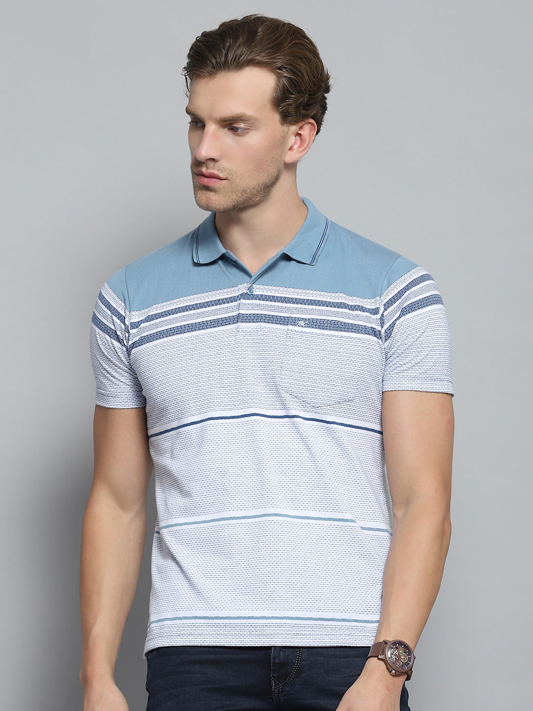 Men Blue Stripe Collar Half Sleeve T-Shirt