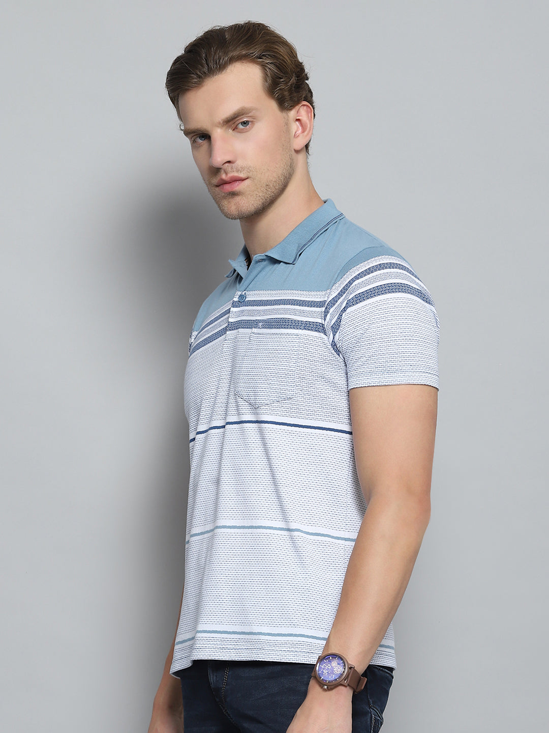Men Blue Stripe Collar Half Sleeve T-Shirt
