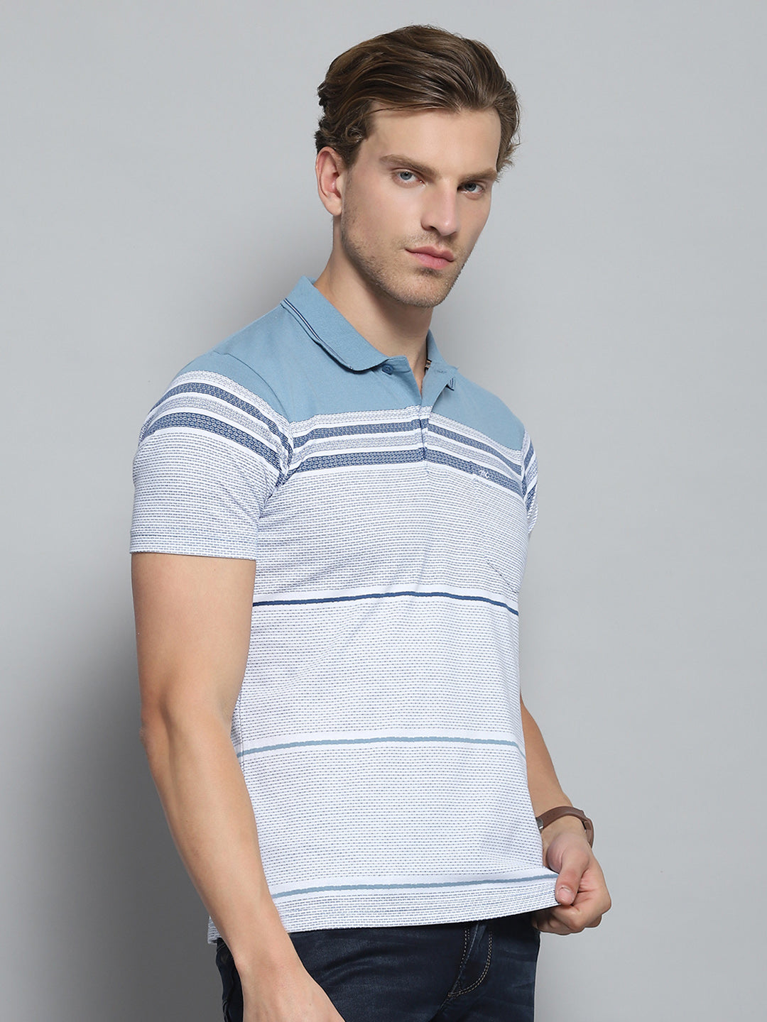 Men Blue Stripe Collar Half Sleeve T-Shirt