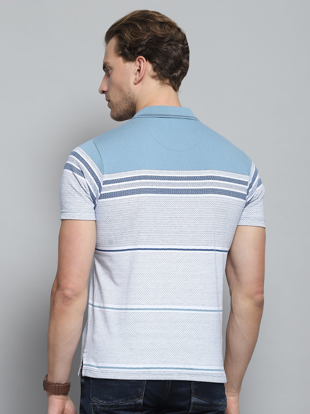 Men Blue Stripe Collar Half Sleeve T-Shirt