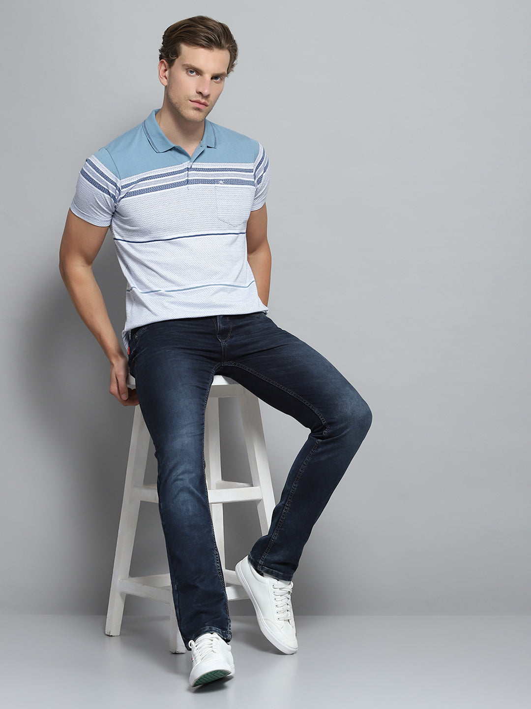 Men Blue Stripe Collar Half Sleeve T-Shirt