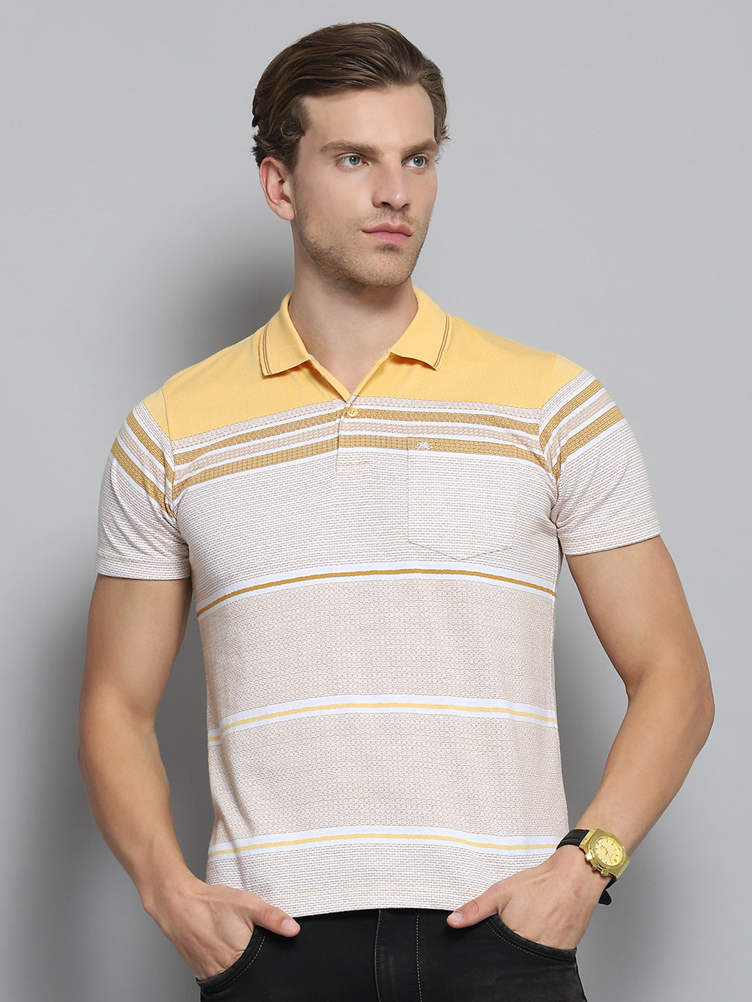 Men Yellow Stripe Collar Half Sleeve T-Shirt