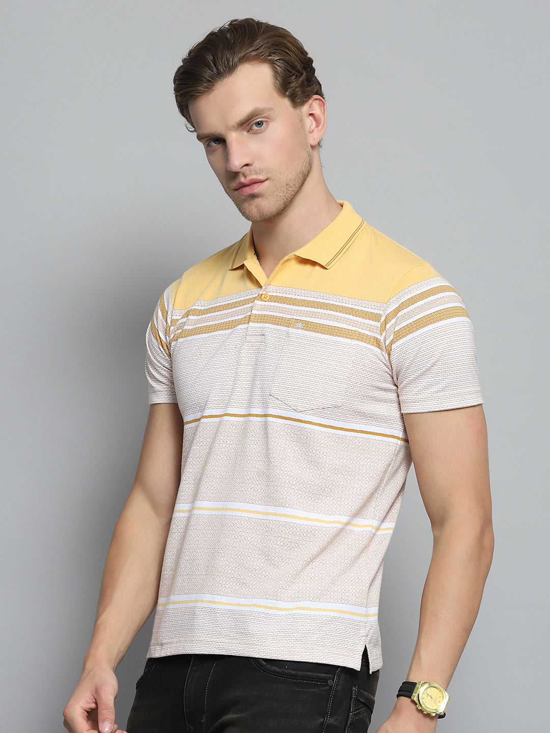 Men Yellow Stripe Collar Half Sleeve T-Shirt