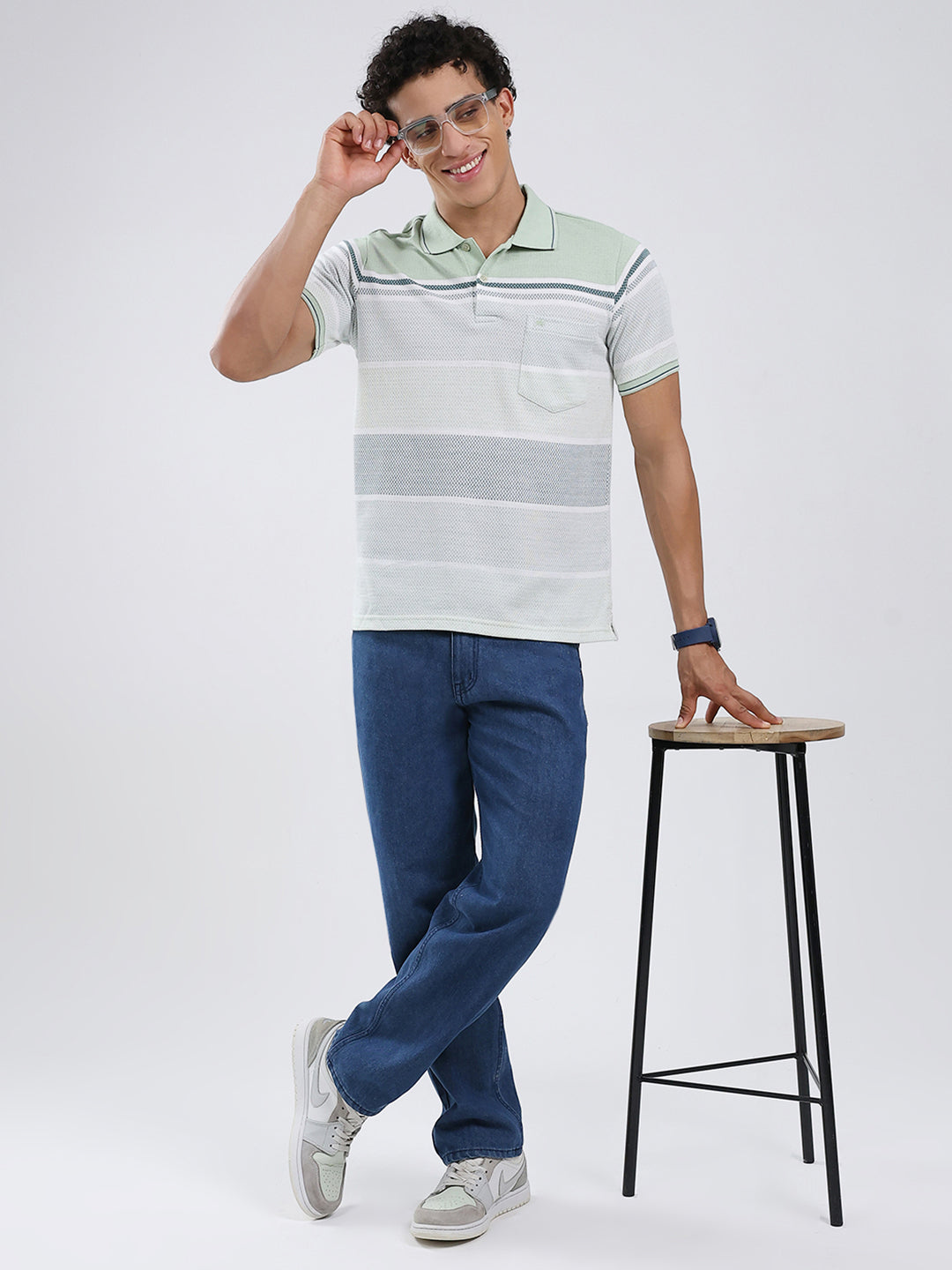 Men Green Stripe Collar Half Sleeve T-Shirt