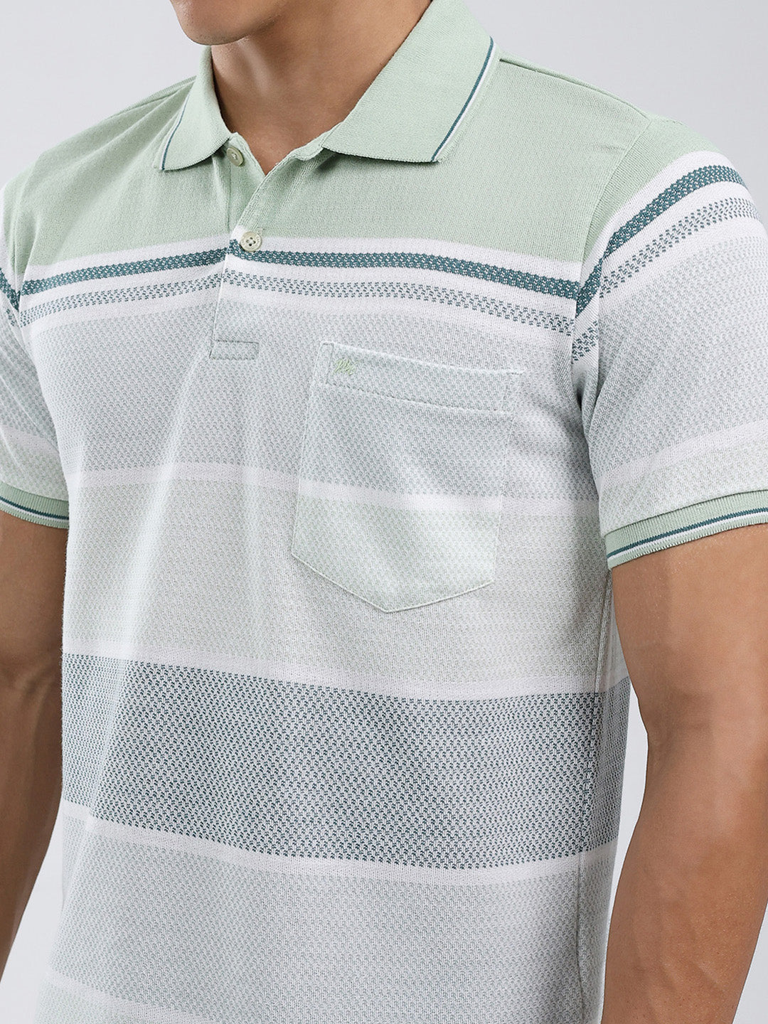 Men Green Stripe Collar Half Sleeve T-Shirt