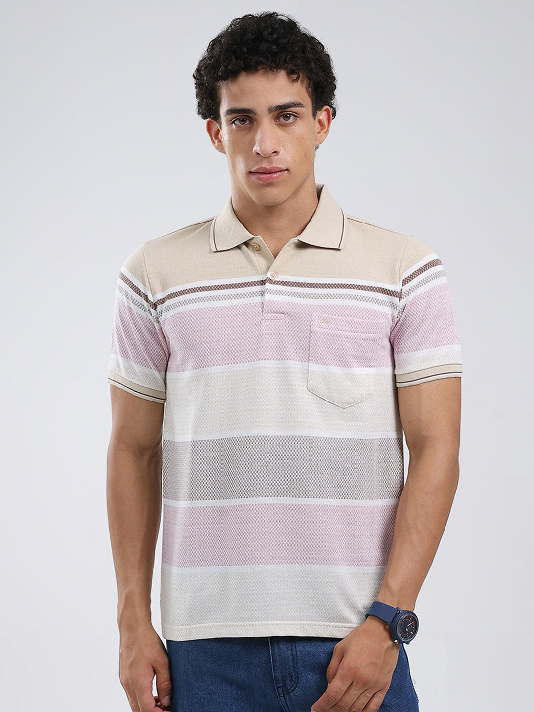 Men Beige Stripe Collar Half Sleeve T-Shirt