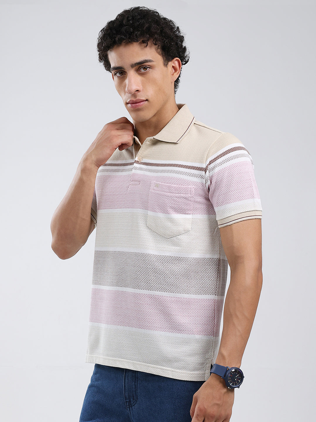 Men Beige Stripe Collar Half Sleeve T-Shirt