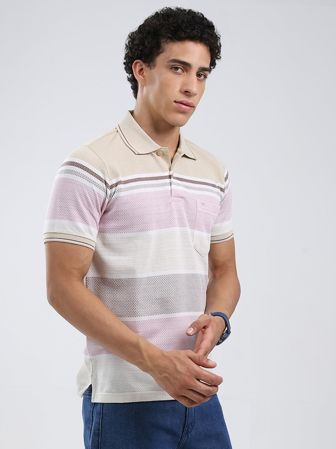 Men Beige Stripe Collar Half Sleeve T-Shirt