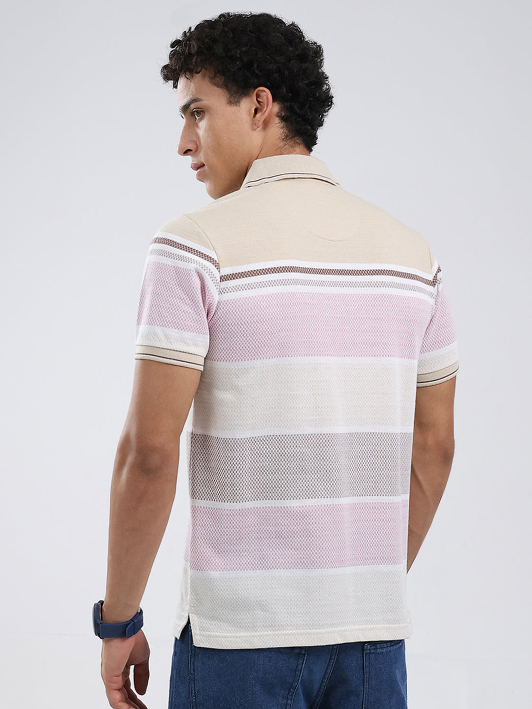 Men Beige Stripe Collar Half Sleeve T-Shirt