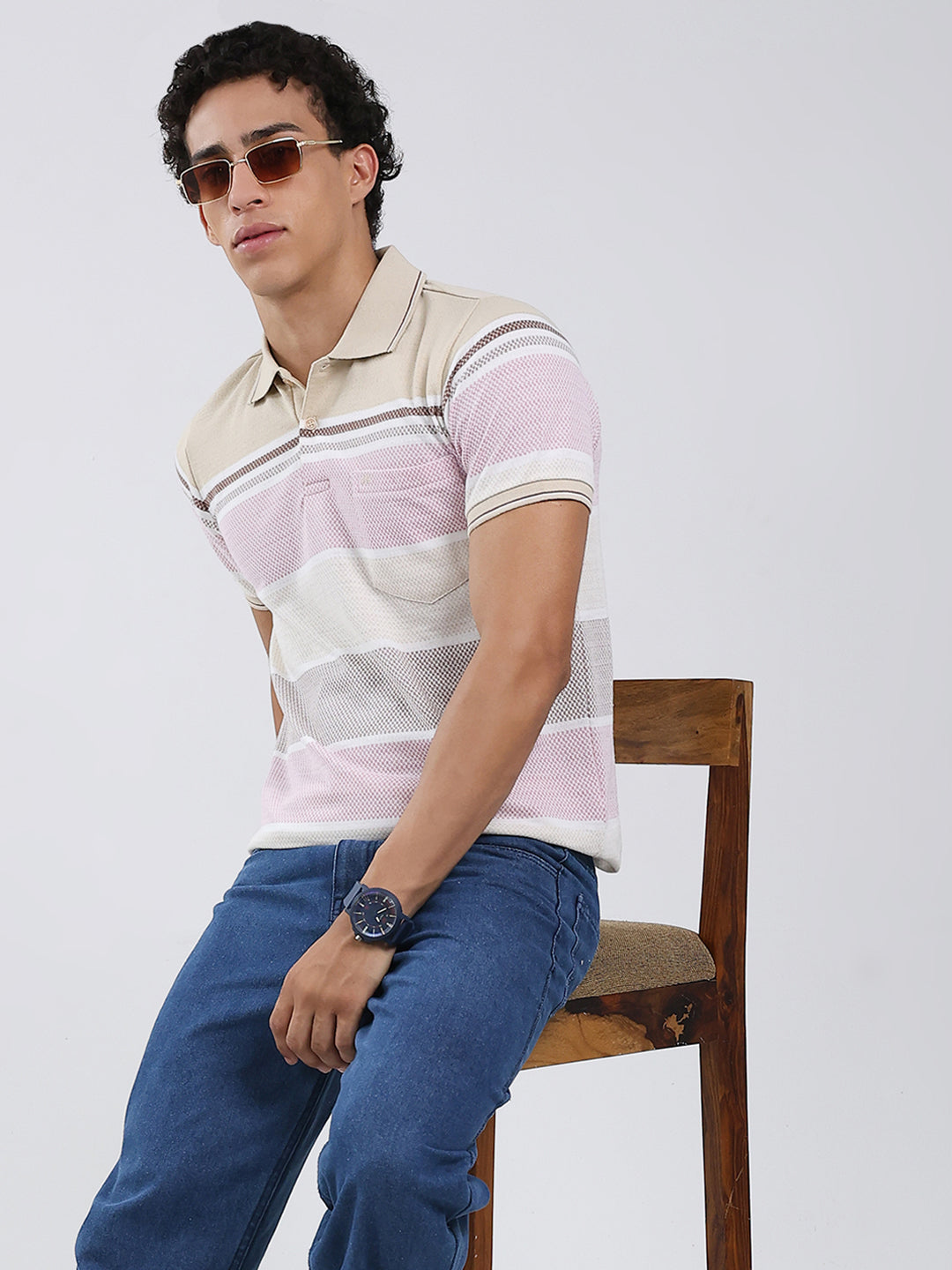 Men Beige Stripe Collar Half Sleeve T-Shirt