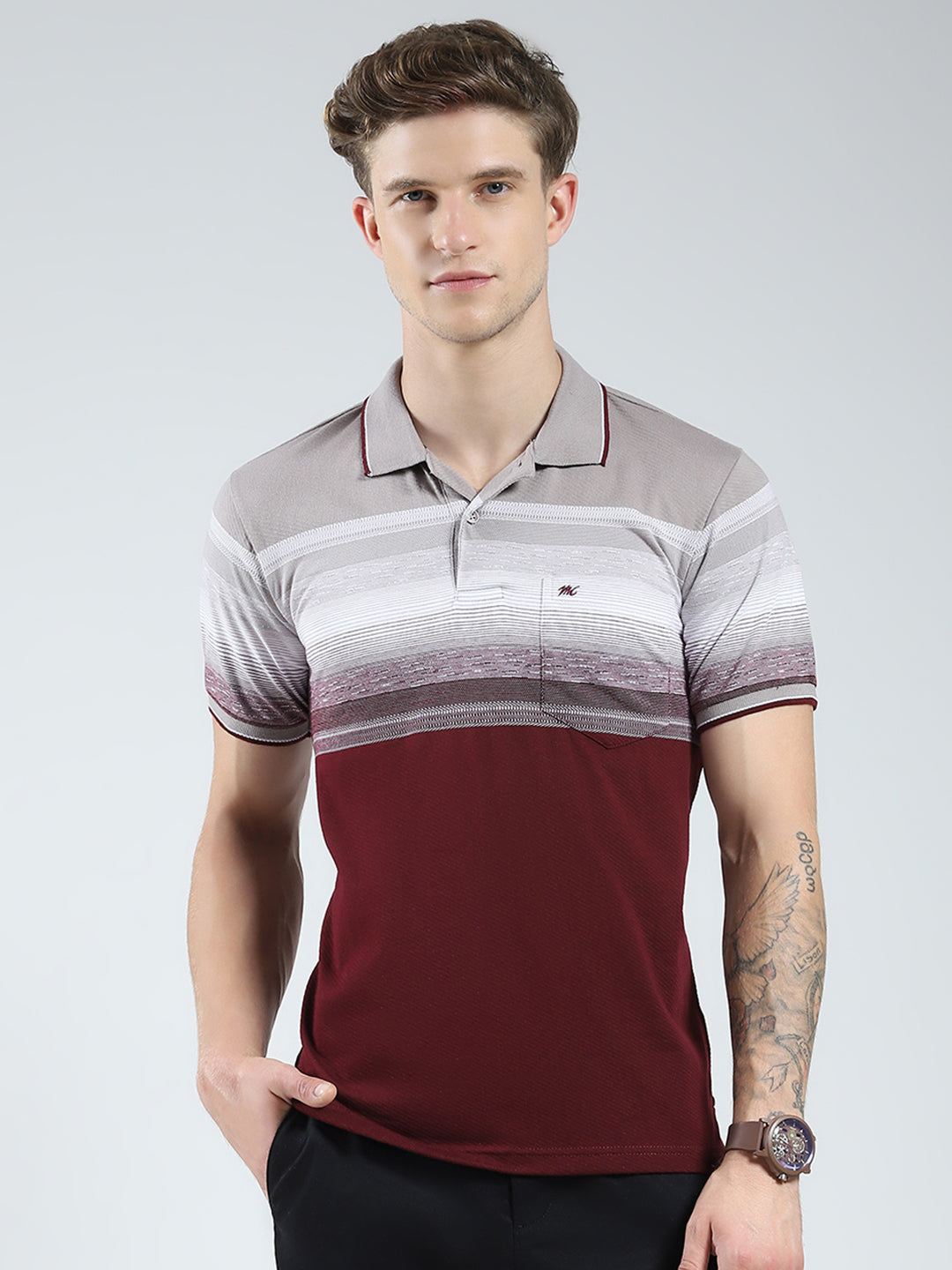 Men Maroon Stripe Collar Half Sleeve T-Shirt