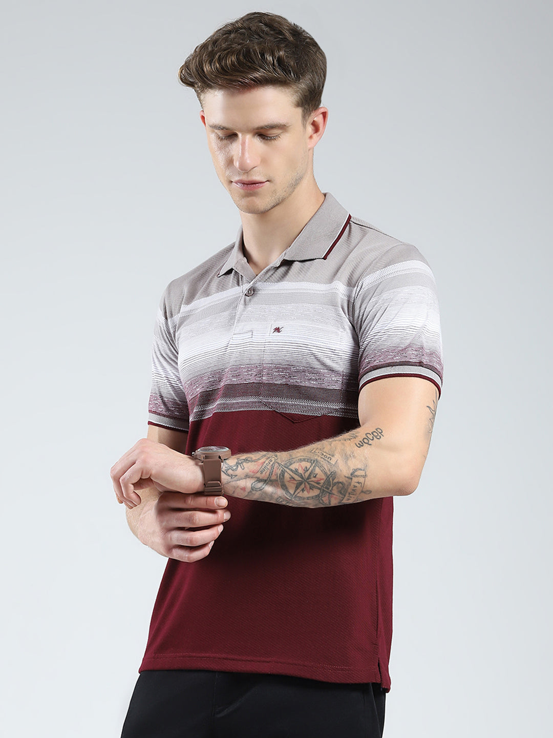 Men Maroon Stripe Collar Half Sleeve T-Shirt