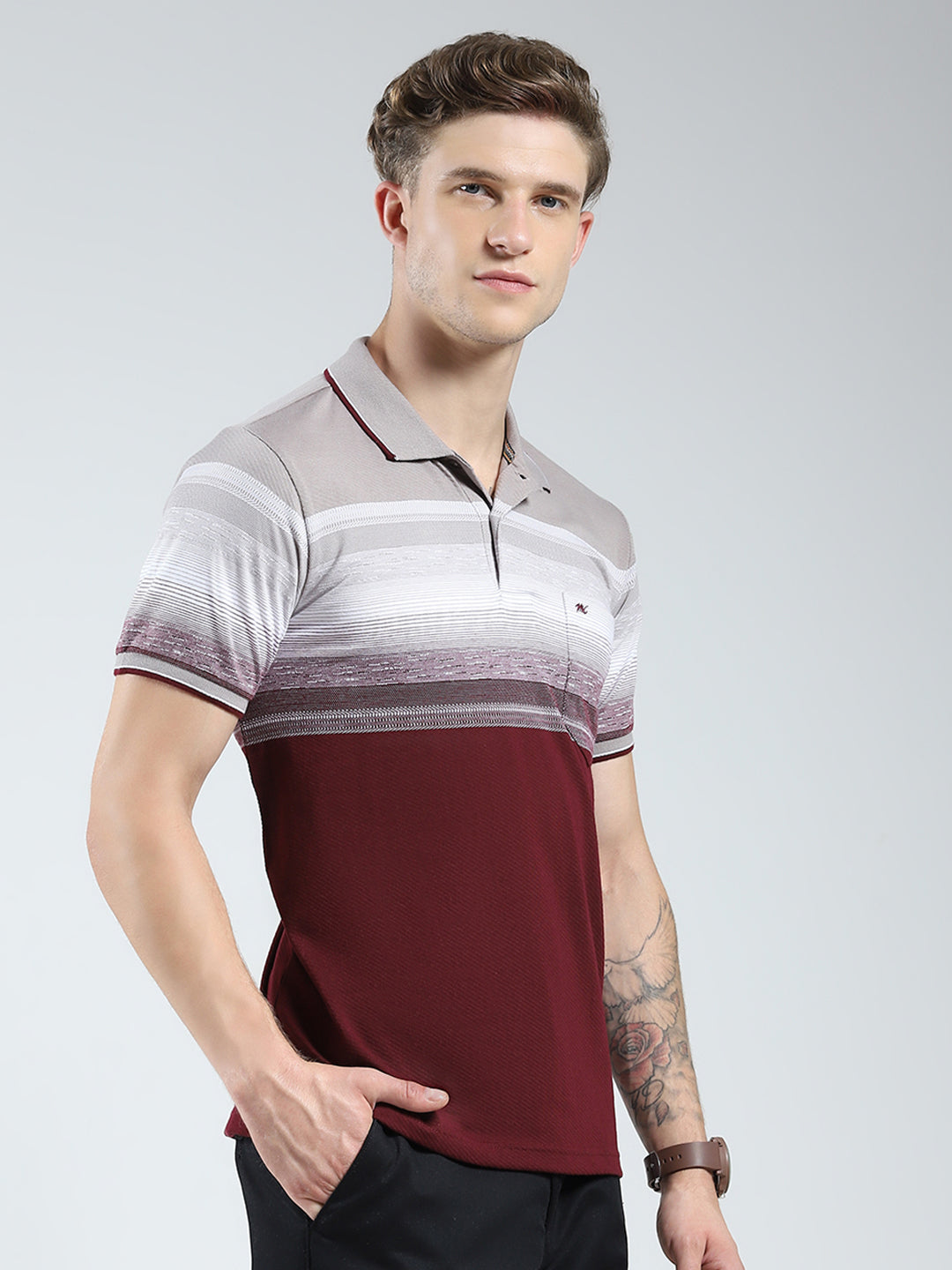 Men Maroon Stripe Collar Half Sleeve T-Shirt