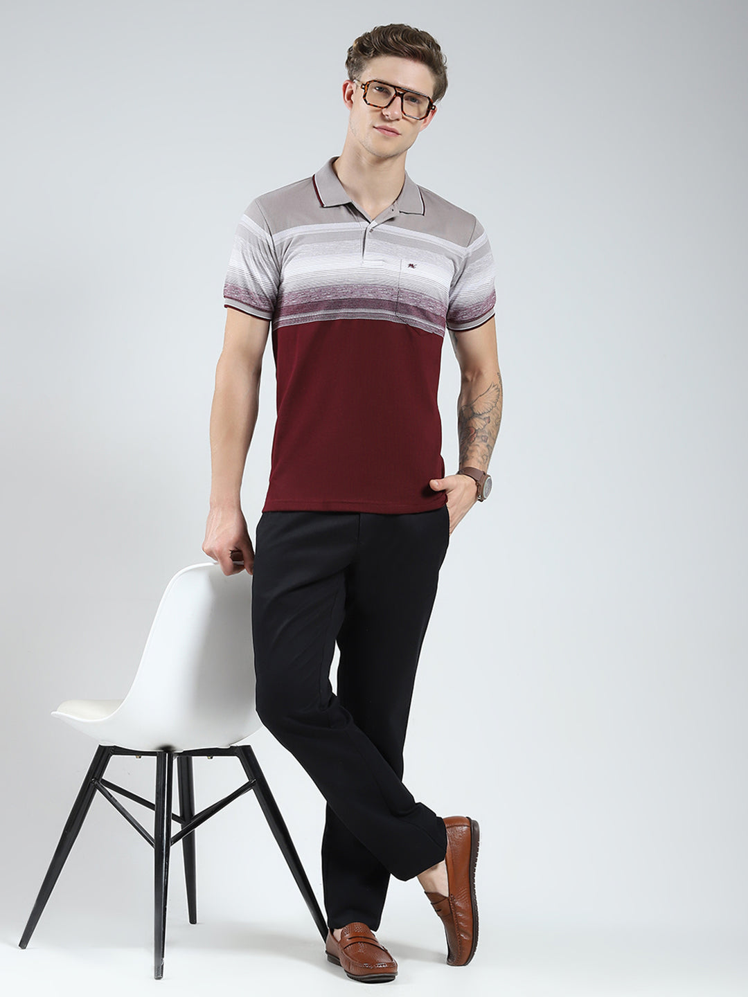Men Maroon Stripe Collar Half Sleeve T-Shirt