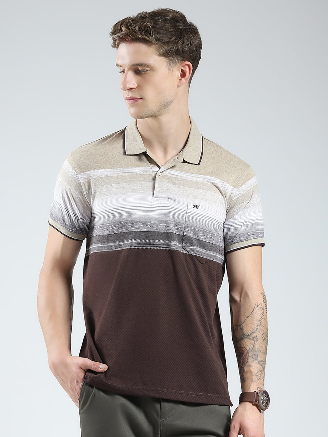 Men Brown Stripe Collar Half Sleeve T-Shirt