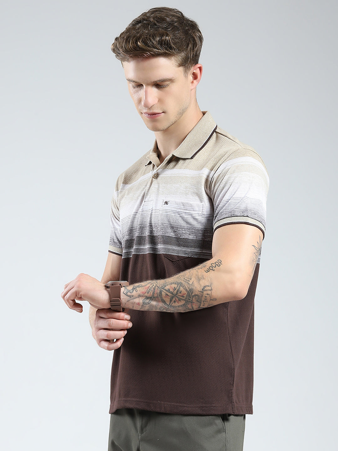 Men Brown Stripe Collar Half Sleeve T-Shirt