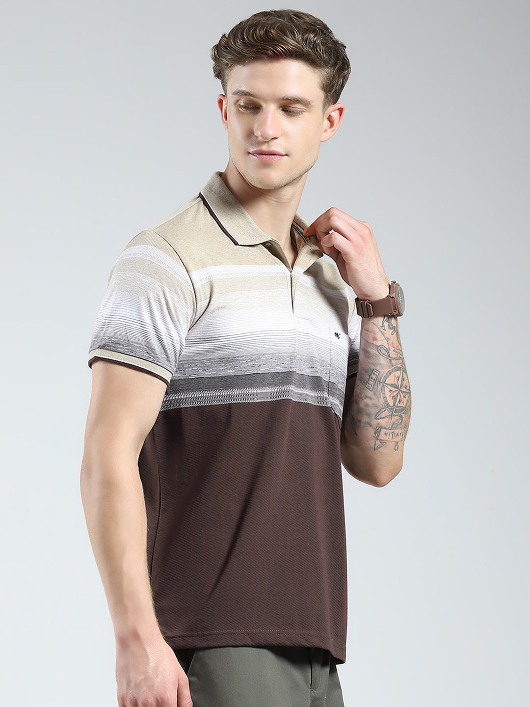 Men Brown Stripe Collar Half Sleeve T-Shirt