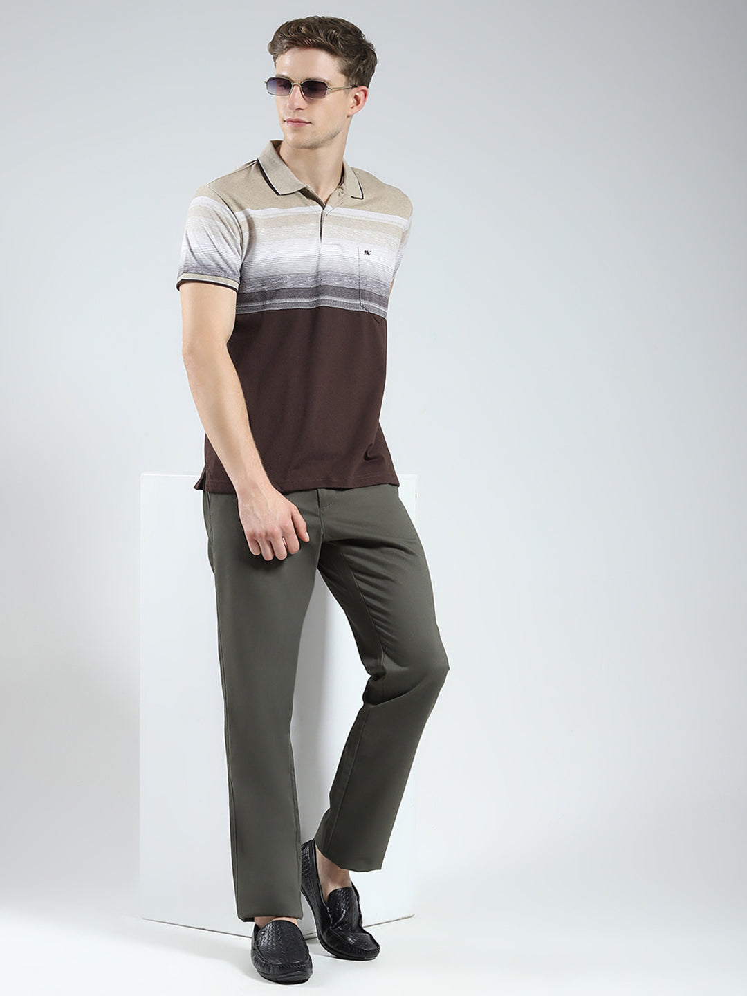 Men Brown Stripe Collar Half Sleeve T-Shirt