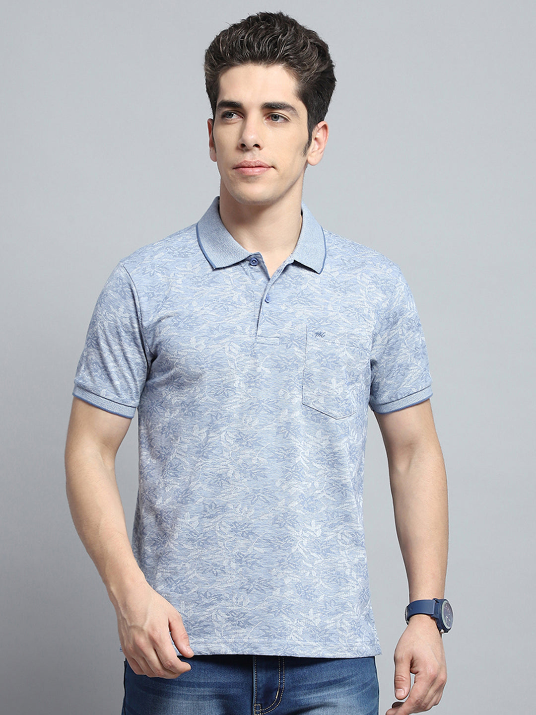 Men Blue Stripe Collar Half Sleeve T-Shirt