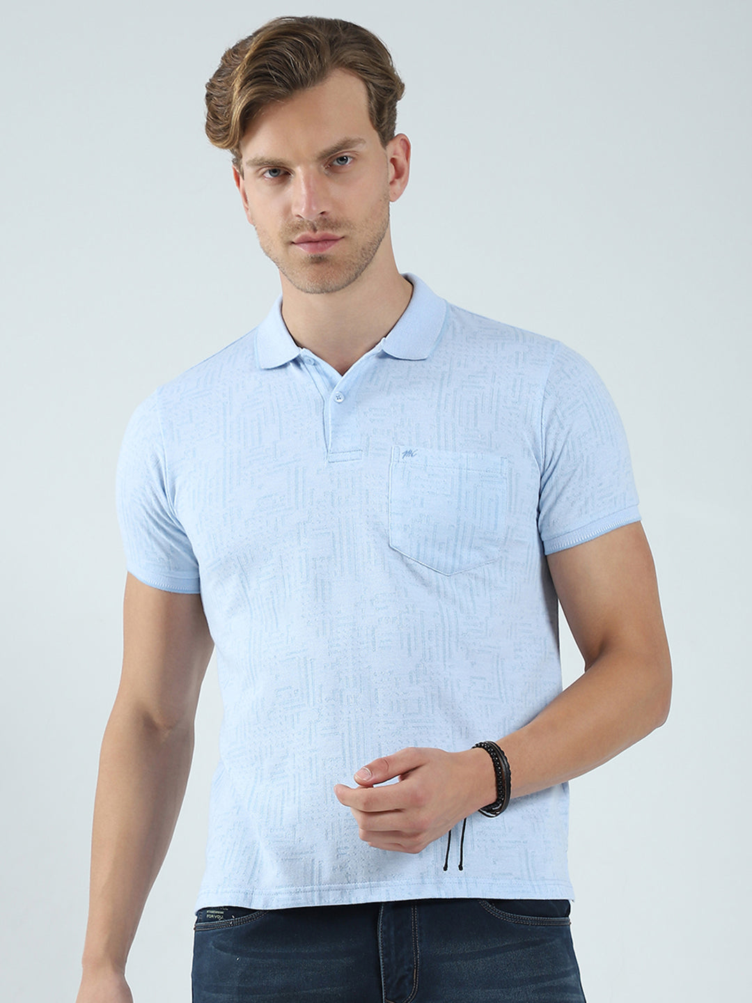 Men Blue Self Design Collar Half Sleeve T-Shirt