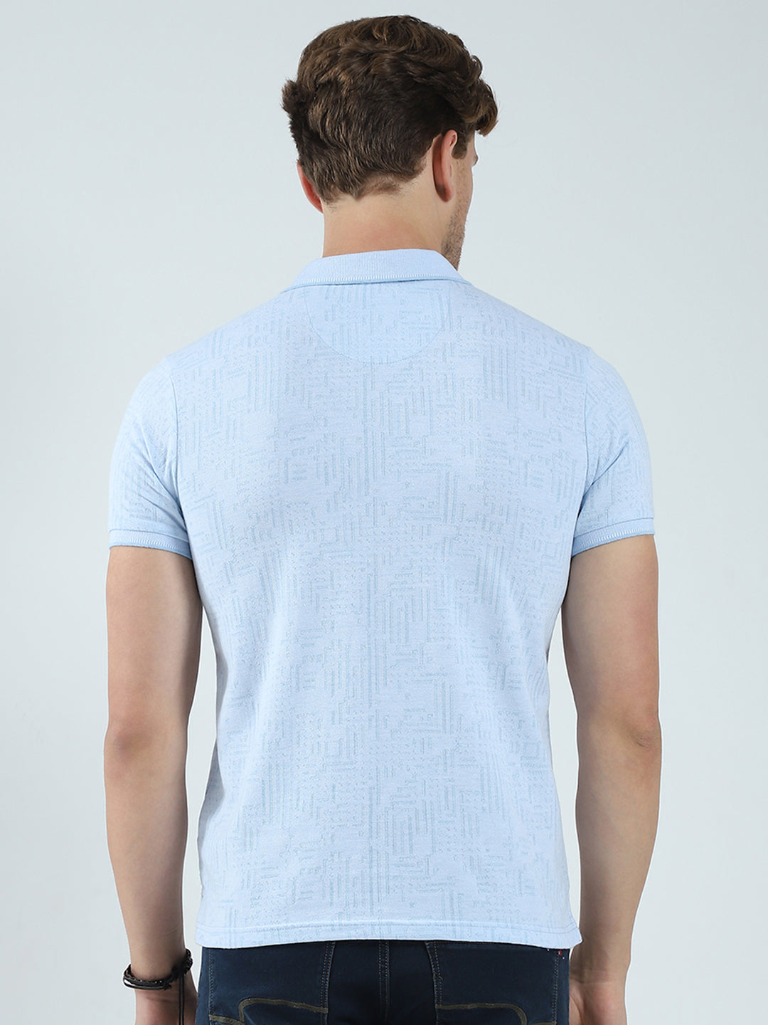 Men Blue Self Design Collar Half Sleeve T-Shirt