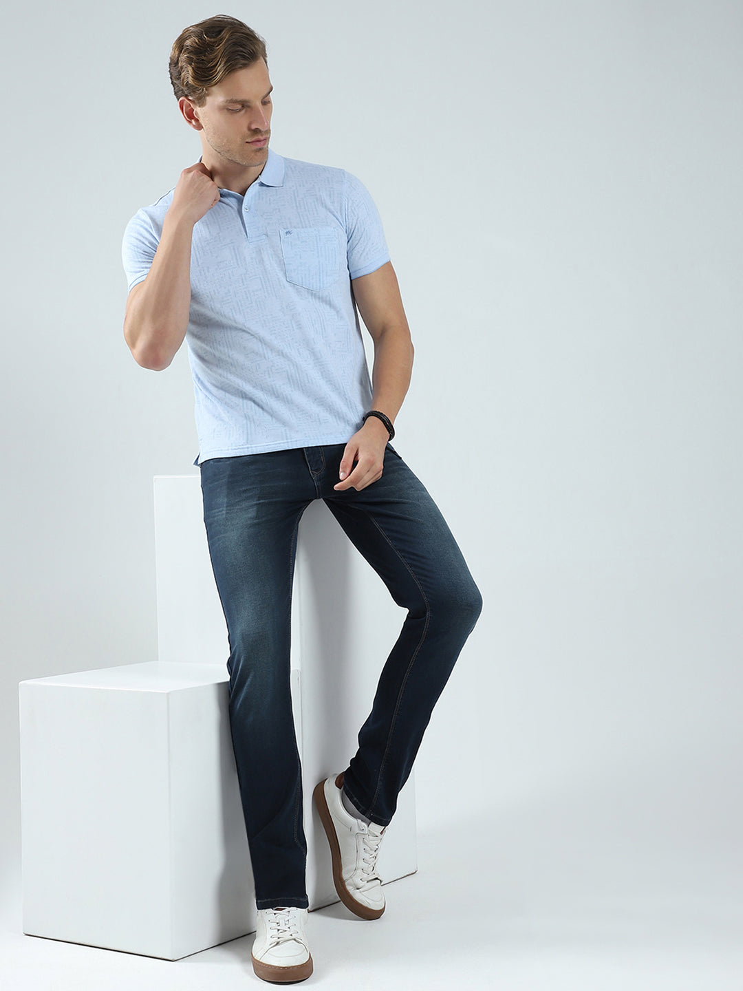 Men Blue Self Design Collar Half Sleeve T-Shirt