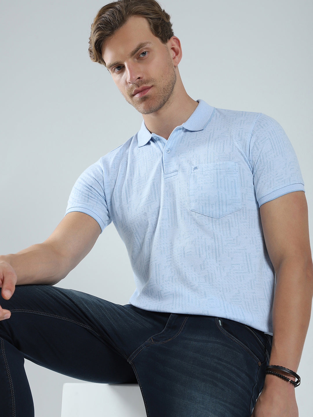 Men Blue Self Design Collar Half Sleeve T-Shirt