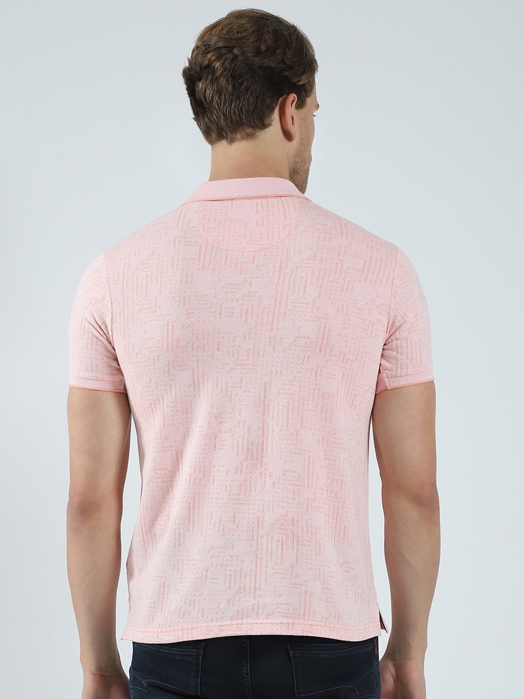 Men Peach Self Design Collar Half Sleeve T-Shirt