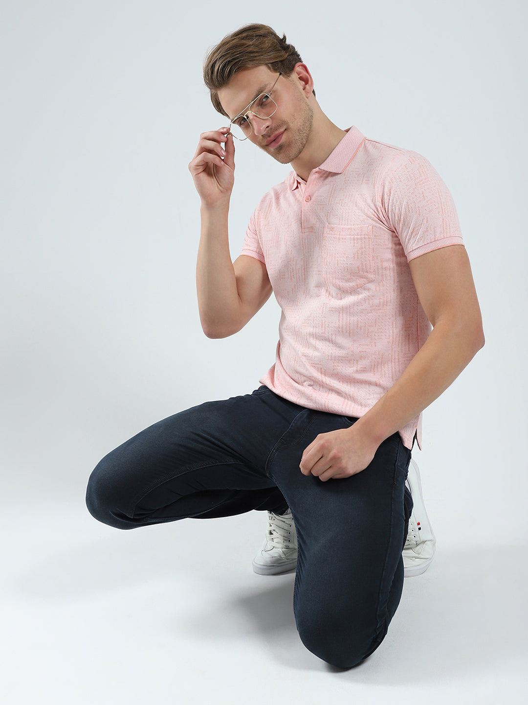 Men Peach Self Design Collar Half Sleeve T-Shirt