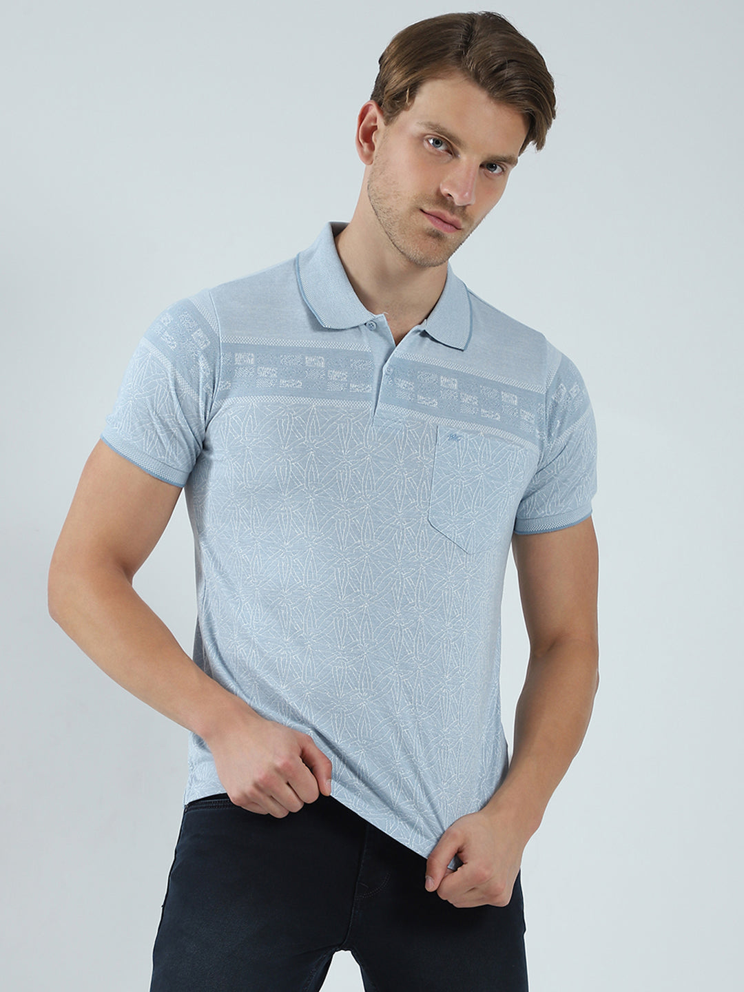 Men Blue Self Design Collar Half Sleeve T-Shirt