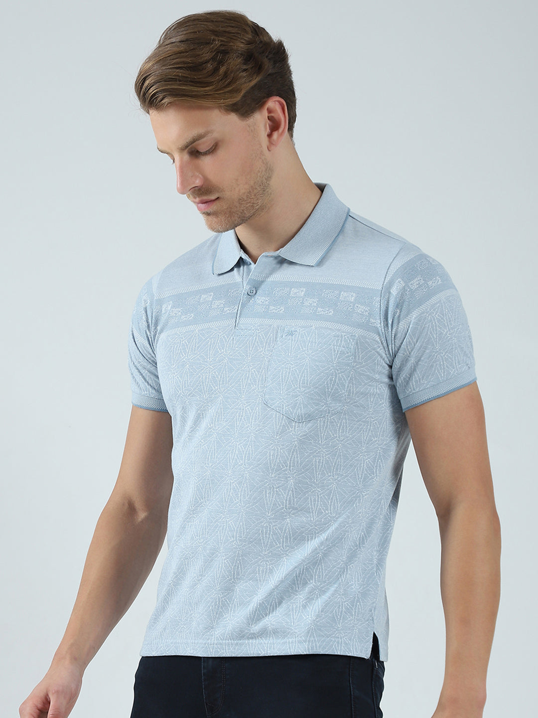 Men Blue Self Design Collar Half Sleeve T-Shirt