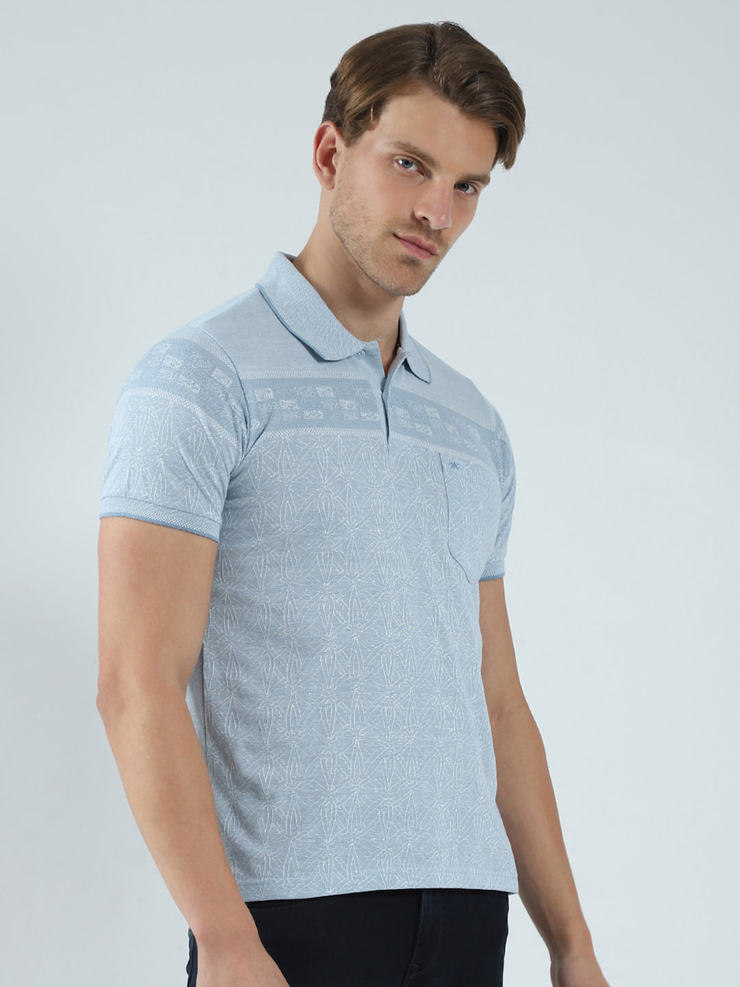 Men Blue Self Design Collar Half Sleeve T-Shirt