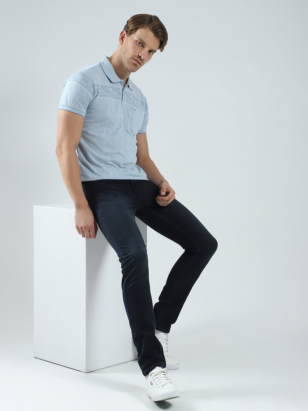 Men Blue Self Design Collar Half Sleeve T-Shirt